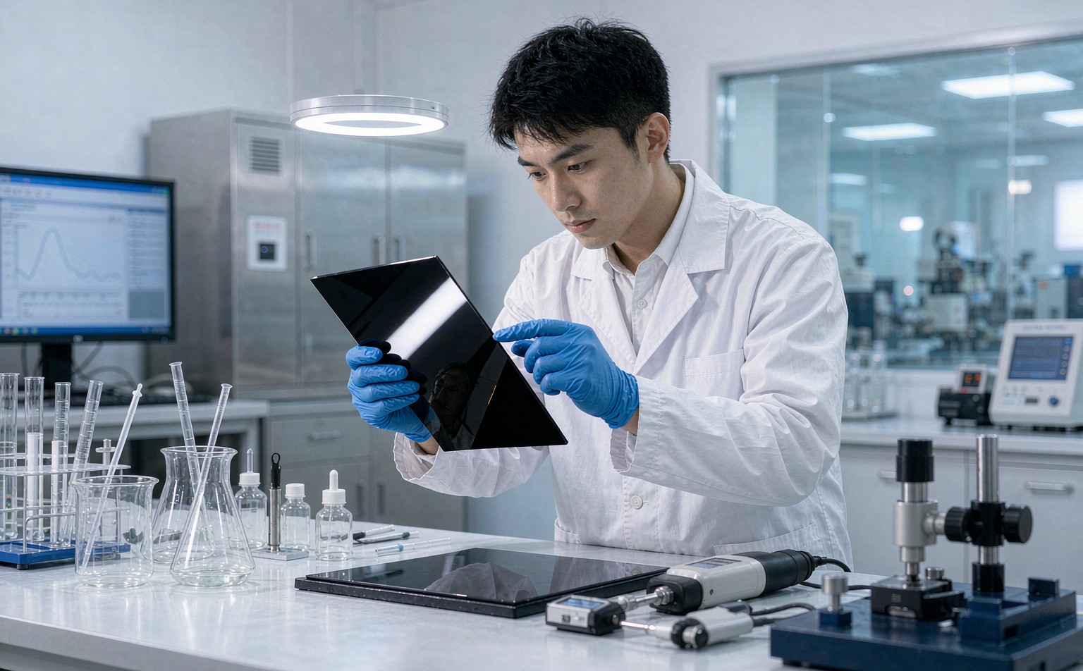 TACSYSTEM R&D lab — coating panel inspection before a formula reaches the line